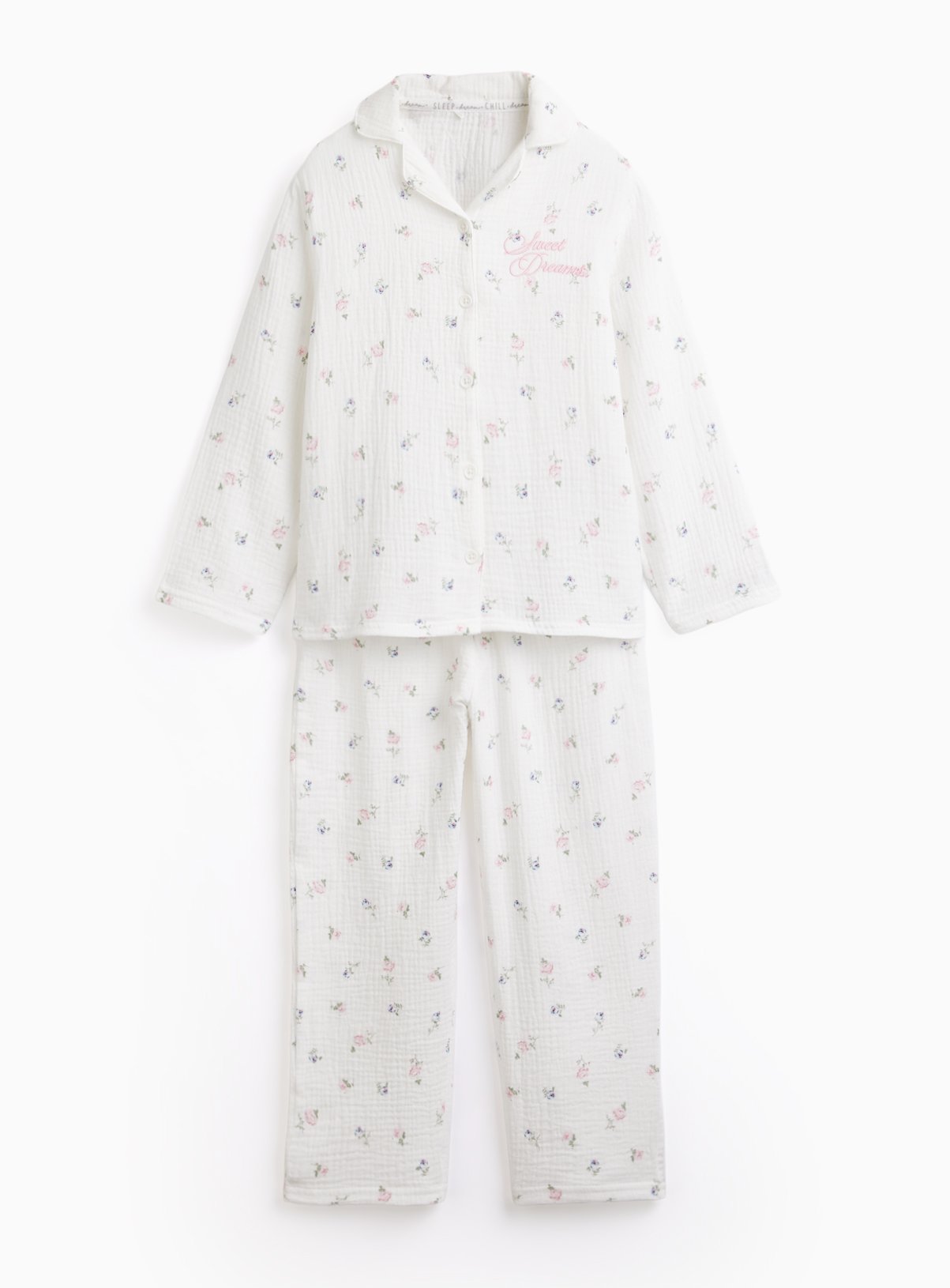 White Floral Print Double Cloth Traditional Pyjamas 