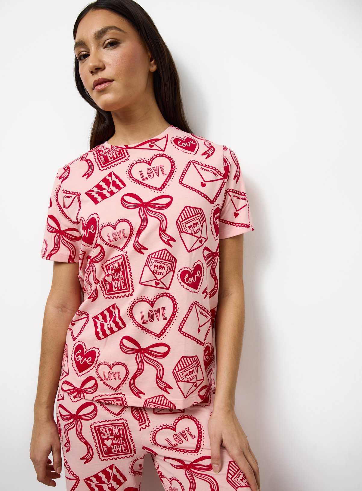 Pink Love Letter Print Short Sleeve Pyjama Set XXL