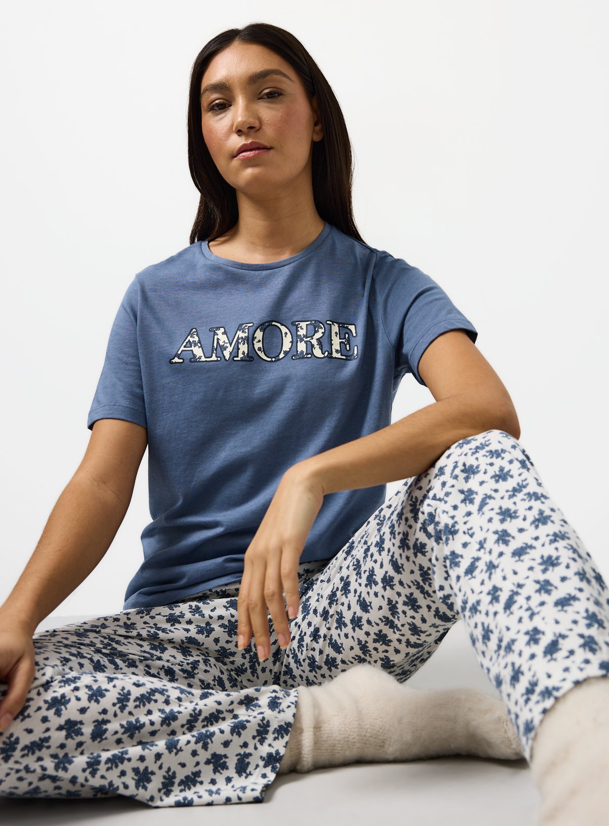 Blue Amore Print Short Sleeve Pyjama Set L