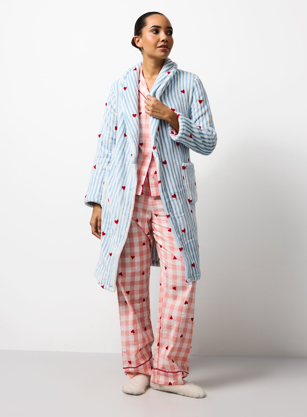 Blue Striped Heart Print Fleece Dressing Gown L