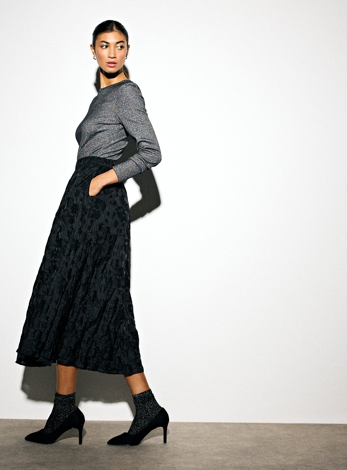 Black Jacquard Midi Co-ord Midaxi Full Skirt 