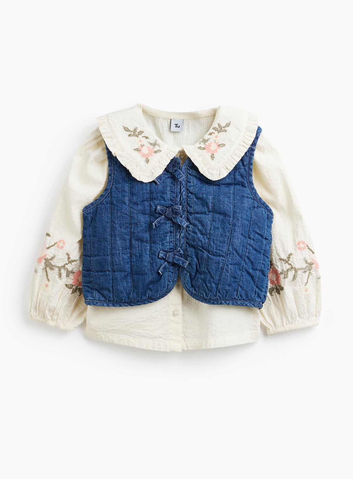 White Floral Print Blouse & Waistcoat Set