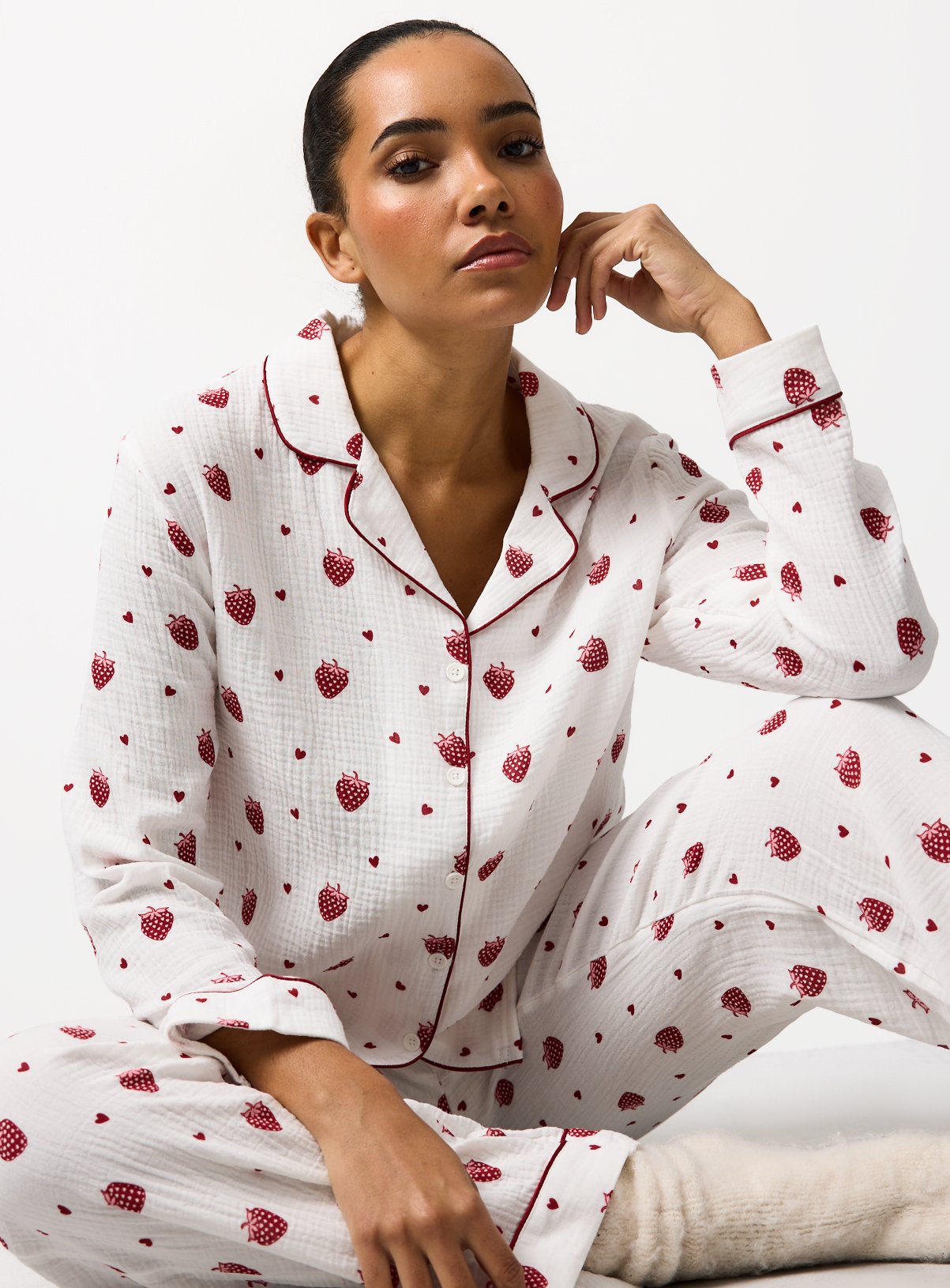 White Strawberry Print Traditional Pyjamas 