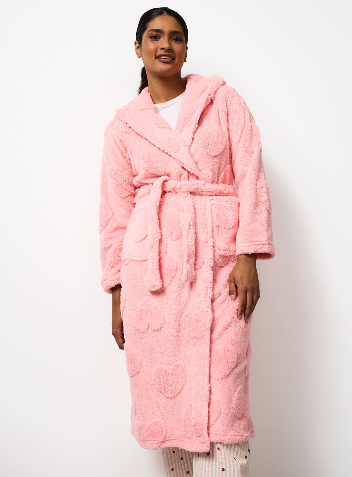 Pink Heart Carved Fleece Hooded Dressing Gown M