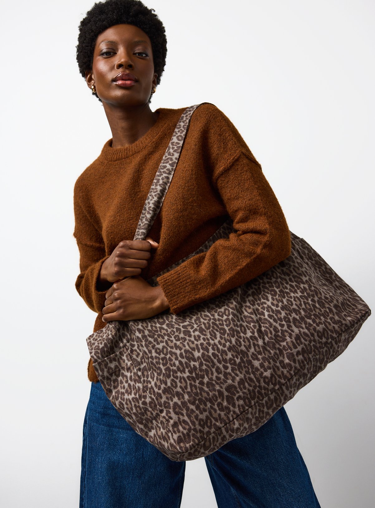 Brown Leopard Printed Canvas Tote Bag One Size