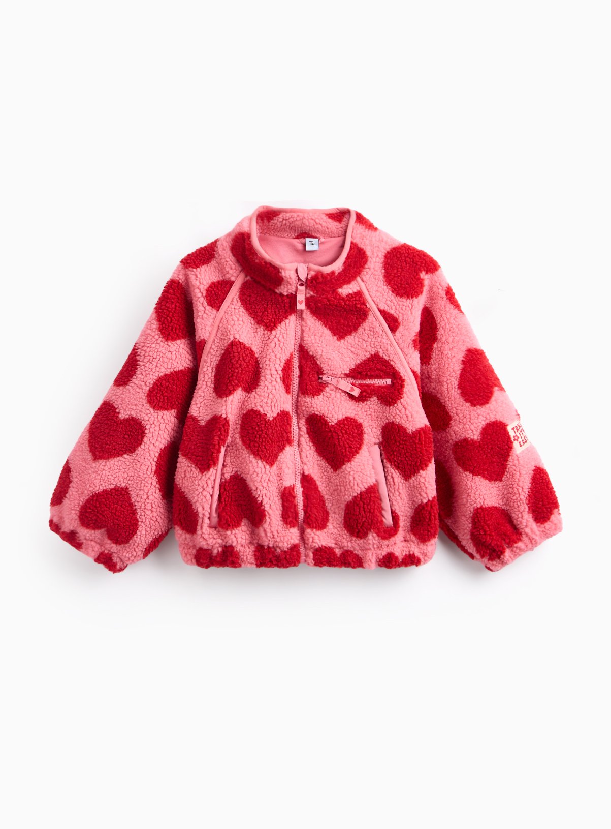 Pink Heart Print Overhead Borg Jacket 