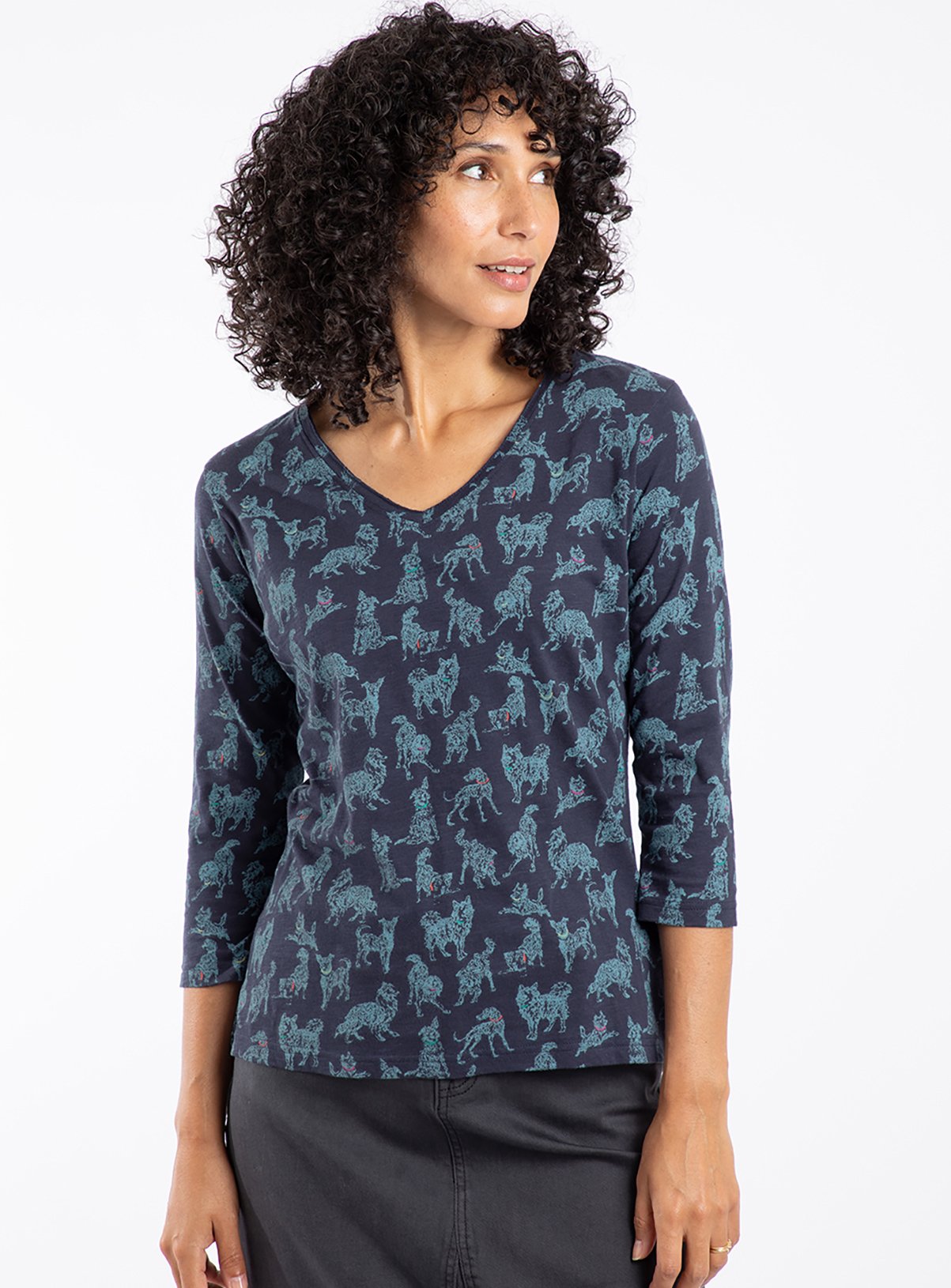 WEIRD FISH Laveda Organic Cotton 3/4 Sleeve Printed V Neck T Shirt 