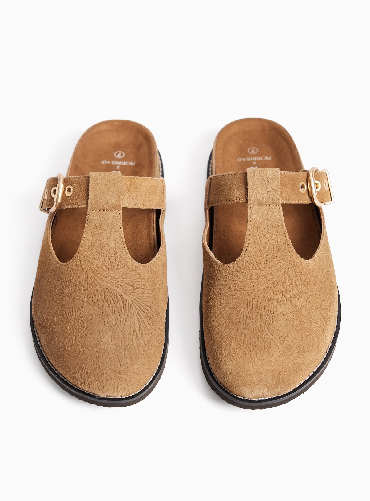 Tu x Morris & Co. Tan Leather Flower-Embossed Clogs 