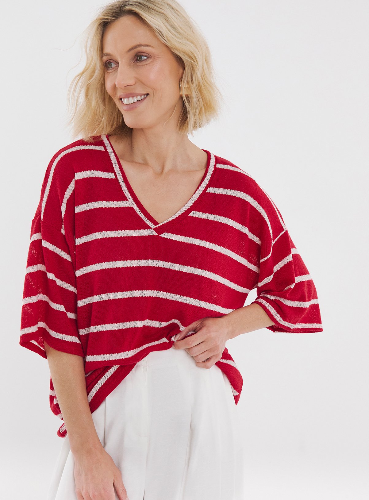 JD WILLIAMS V Neck Cut And Sew Stripe T Shirt 18