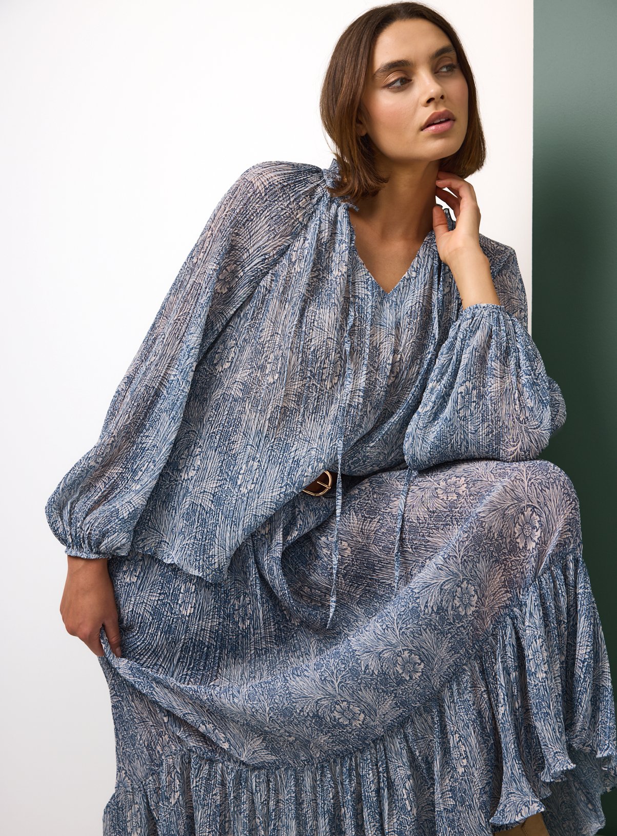 Tu x Morris & Co. Light Blue Chiffon Marigold Printed Co-ord Blouse with Tie neck 