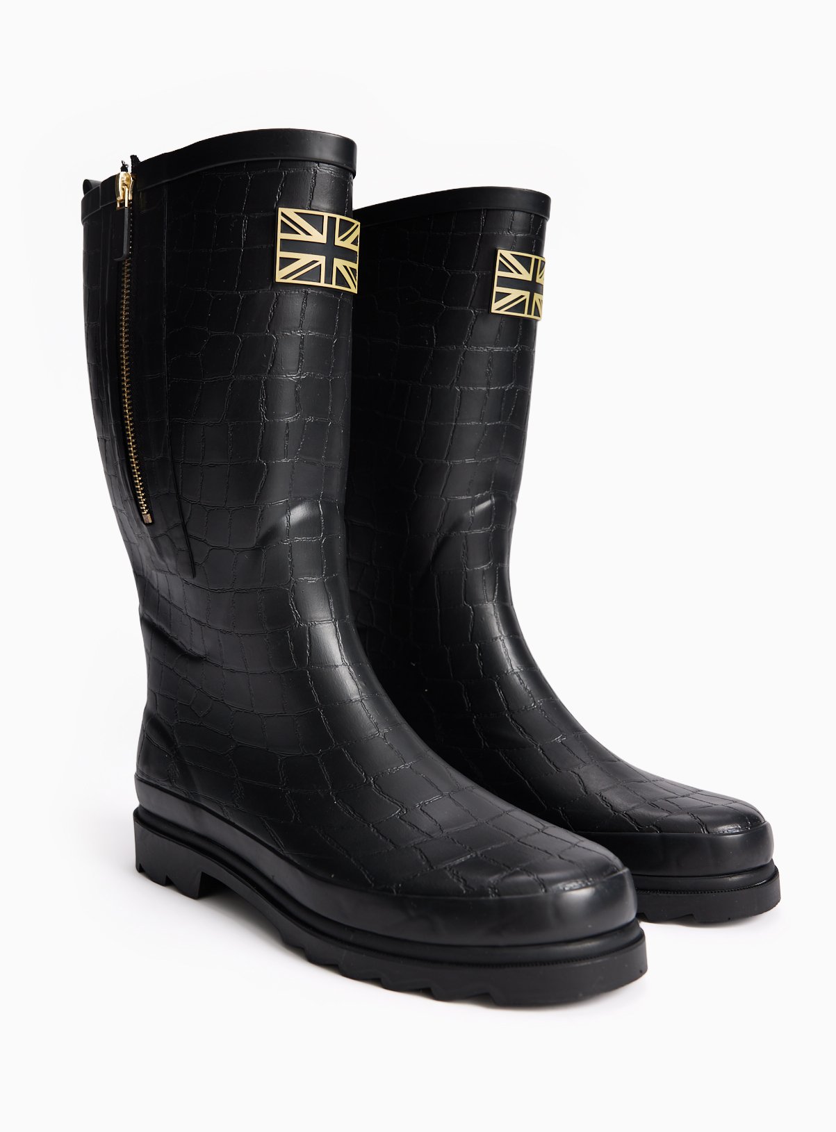 Black Croc Print Long Zip Wellies 