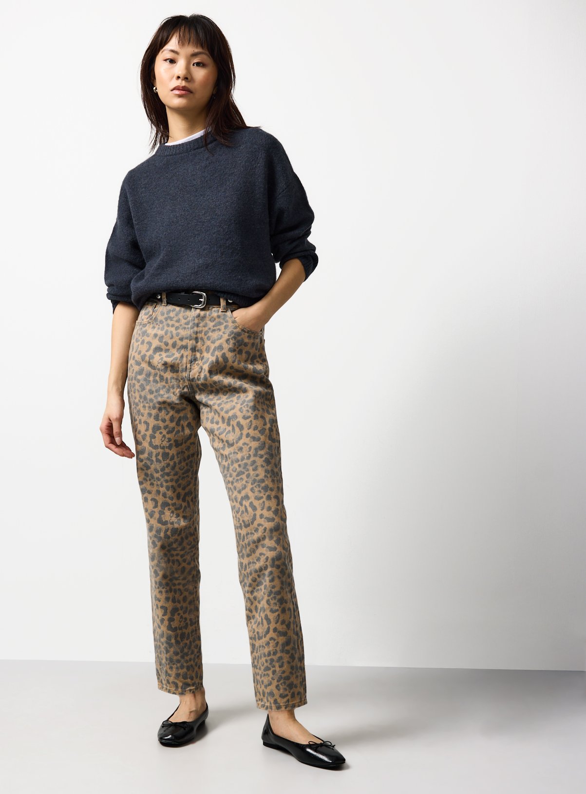 Neutral Animal Print Relaxed Straight Leg Jeans 