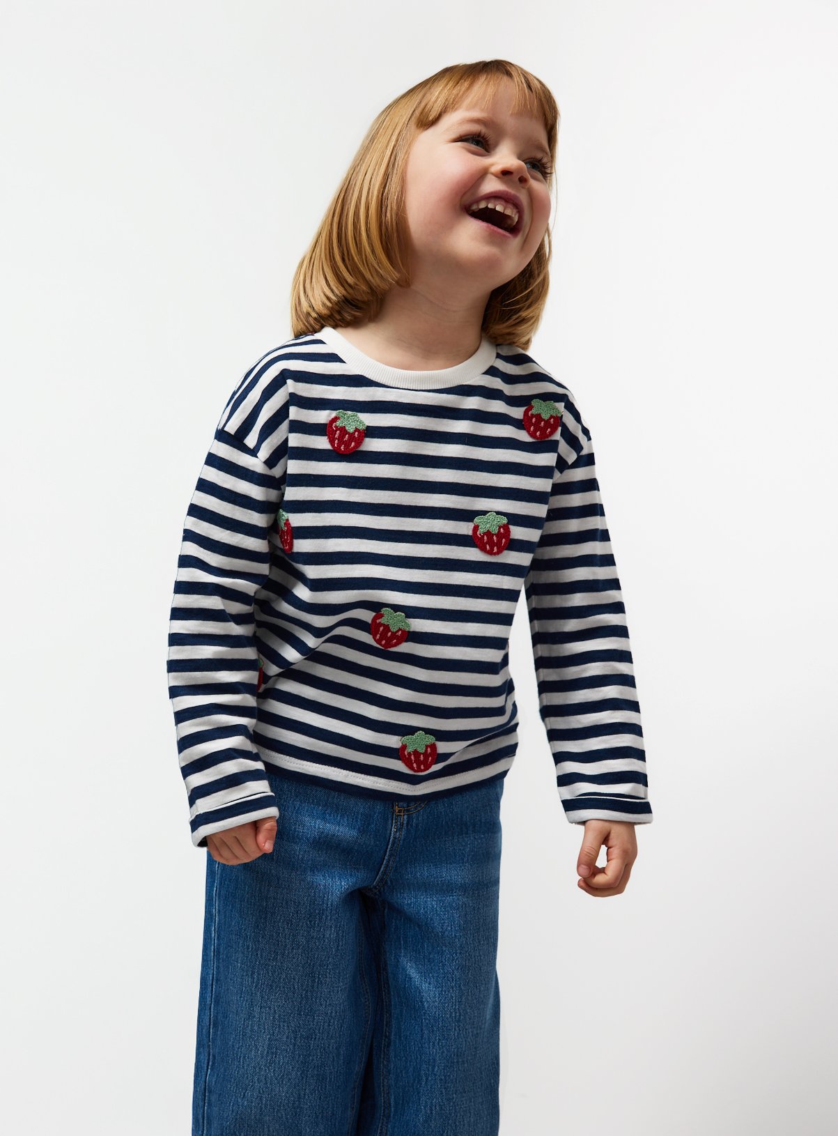 Mono Stripe Strawberry Print Long Sleeve Top