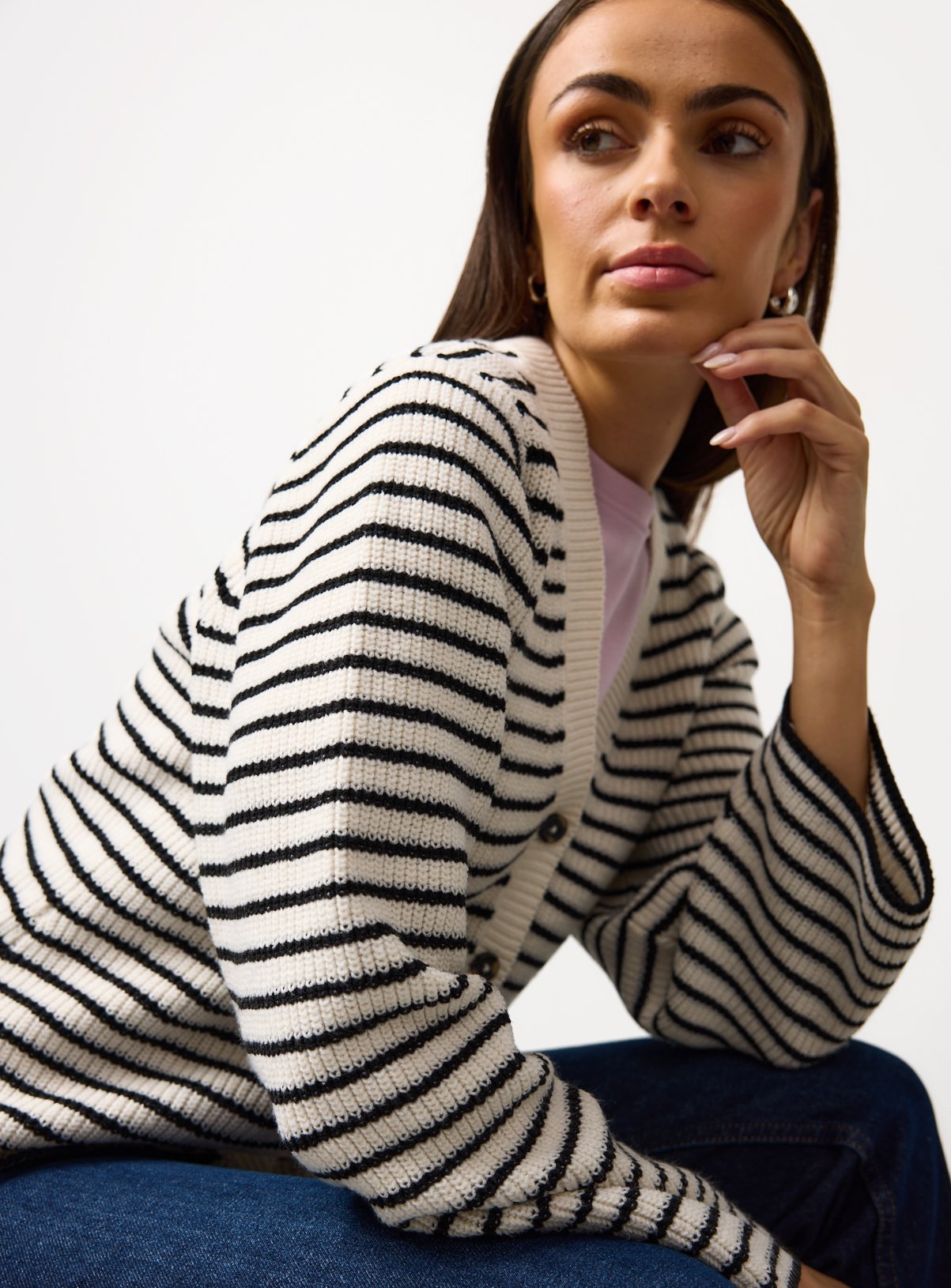 Tan Striped Peplum Button Cardigan 