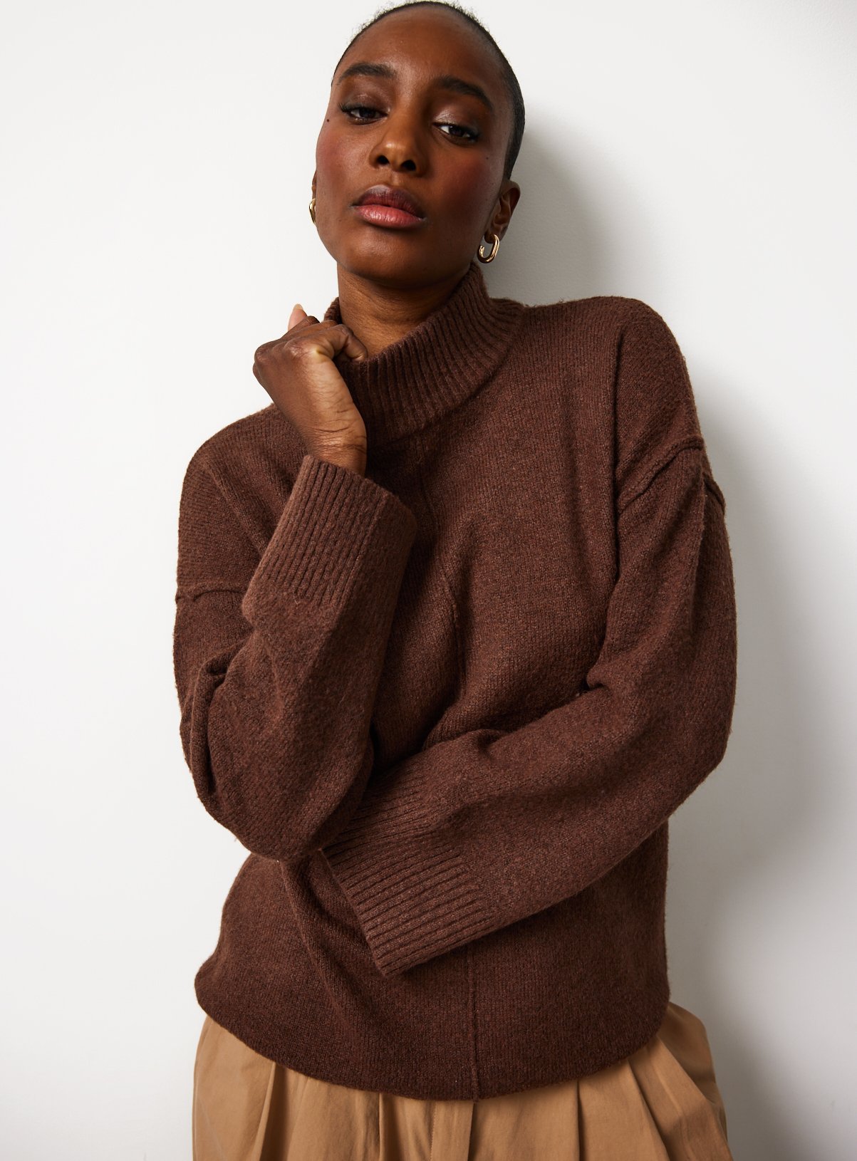 Brown Seam Detail High Neck Tunic L
