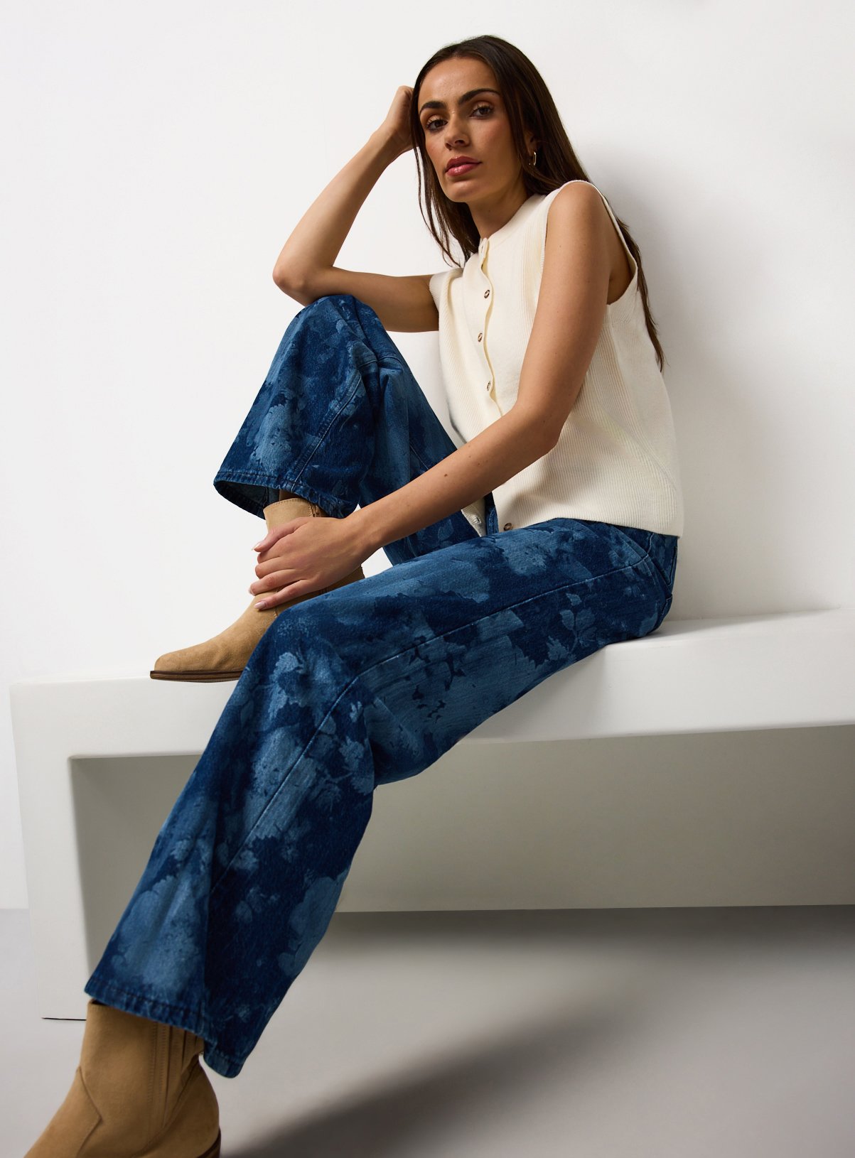 Floral Laser Print Wide Leg Jeans 