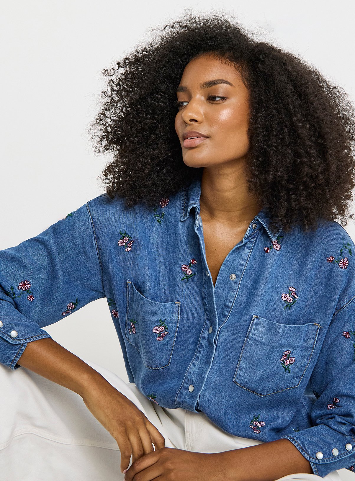 SIMPLY BE Mid Wash Floral Embroidered Shirt With Tencel TM
