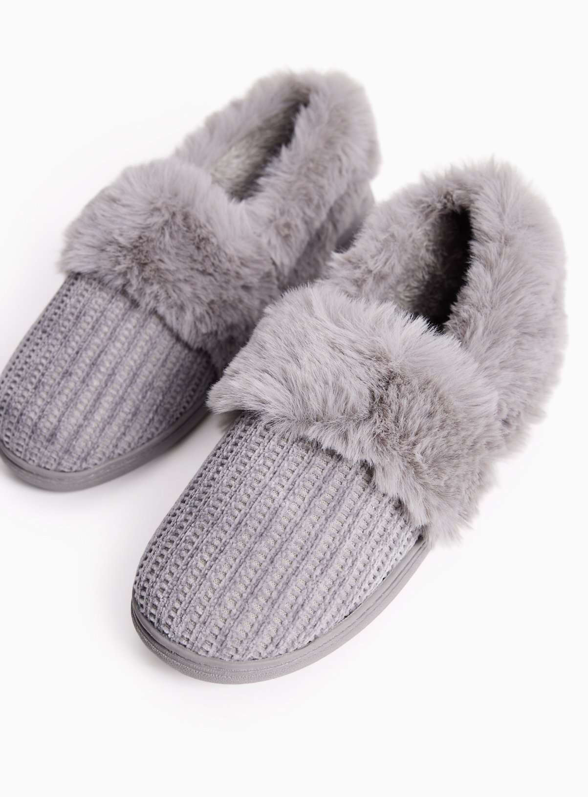 Grey Faux Fur Trim Full Slippers
