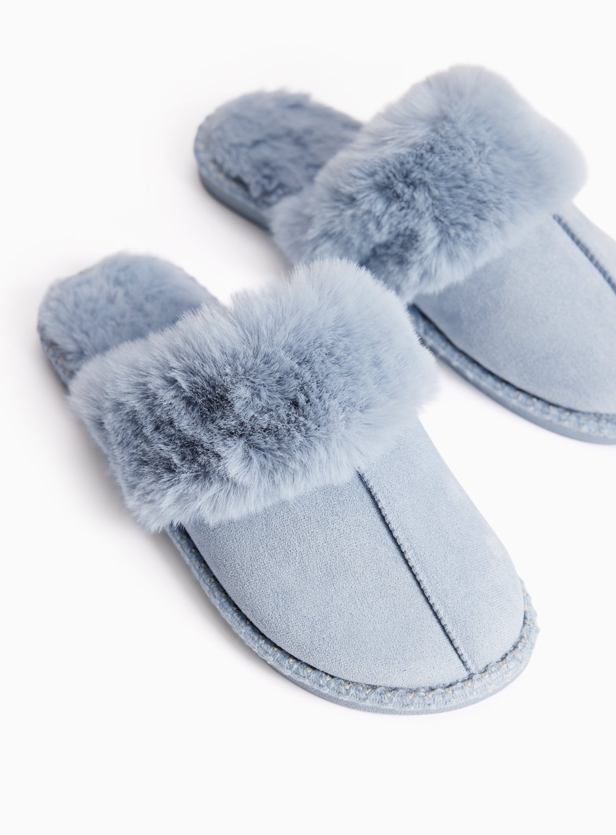 Blue Faux Fur Detail Mule Slippers