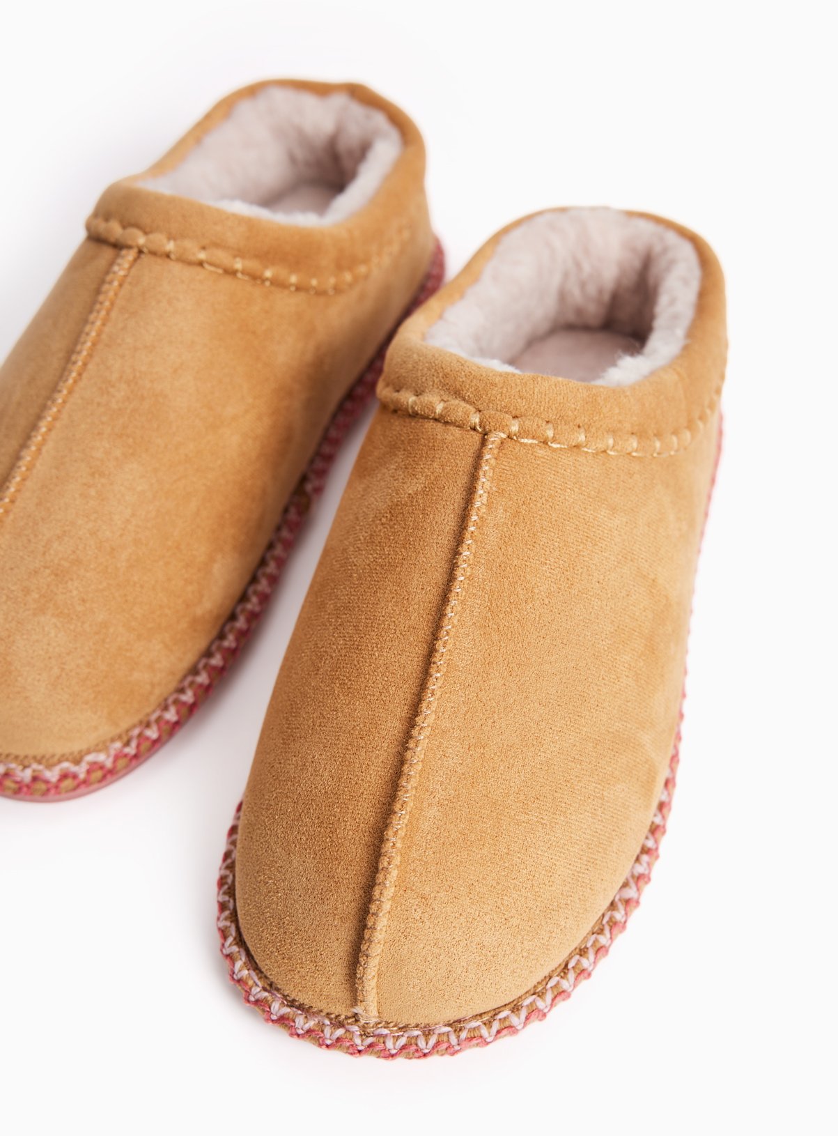 Tan Borg Lined Stitch Detail Mule Slippers 