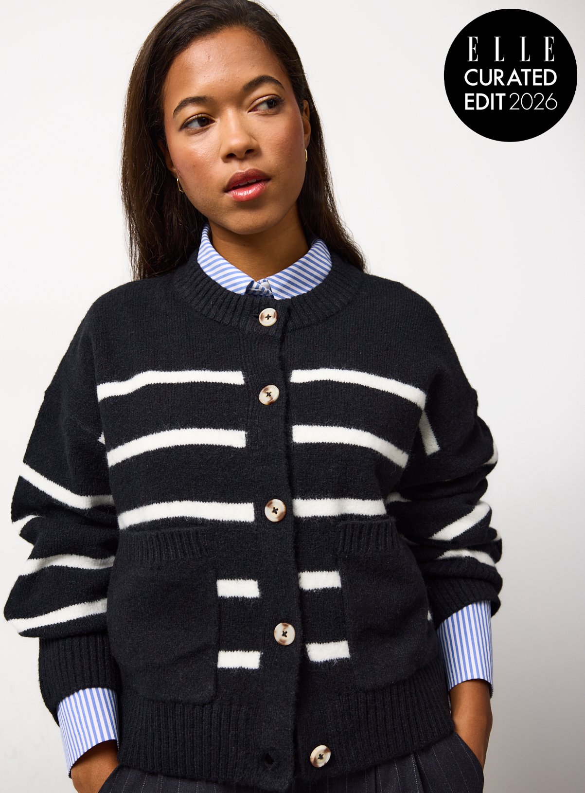 Mono Striped Boxy Button Up Cardigan 14
