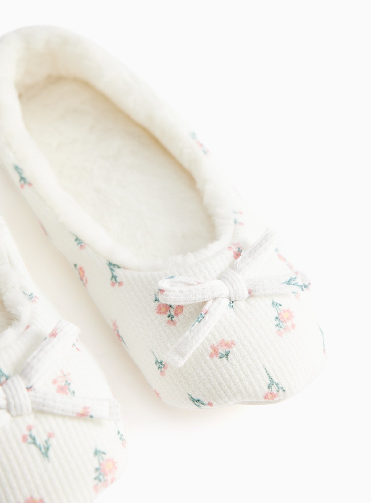 Cream Floral Fur Lined Ballerina Slippers 