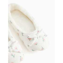 Cream Floral Fur Lined Ballerina Slippers