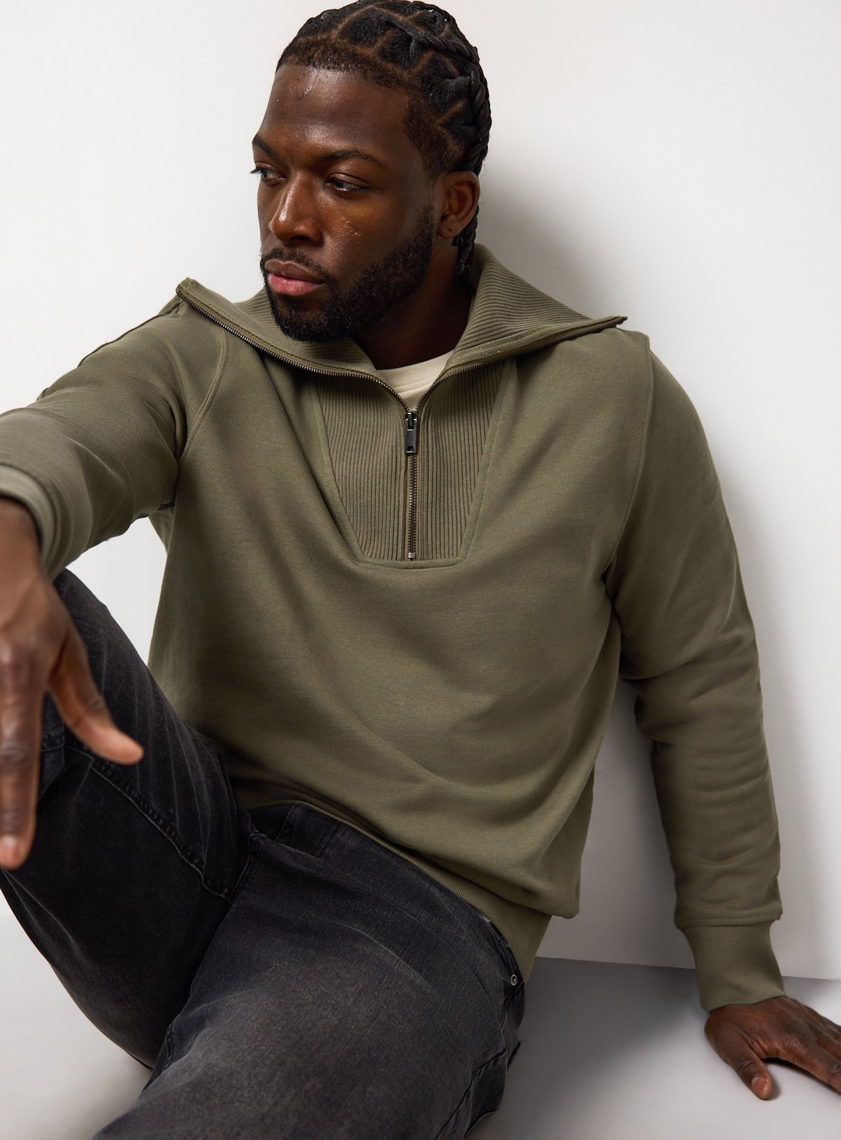 Khaki V-Insert Half Zip Sweatshirt XL