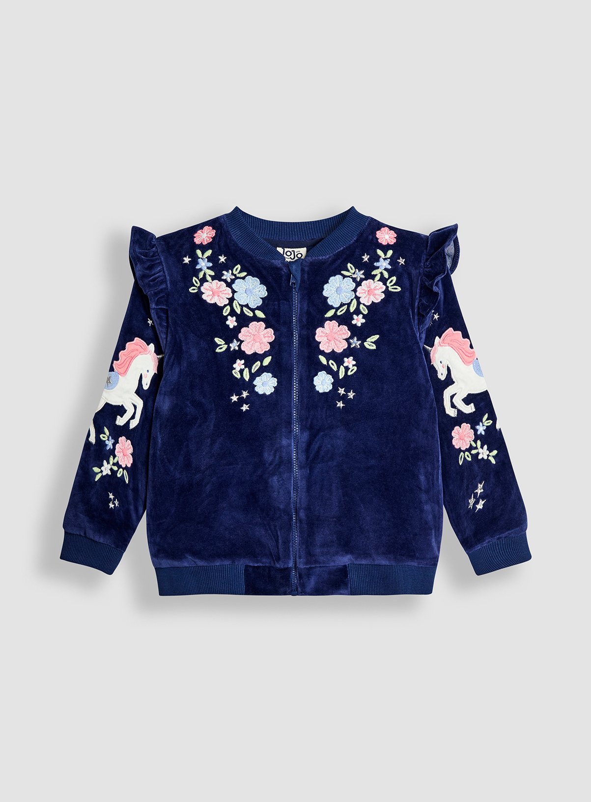 JOJO MAMAN BÉBÉ Unicorn And Floral Embroidered Frill Velour Jacket 