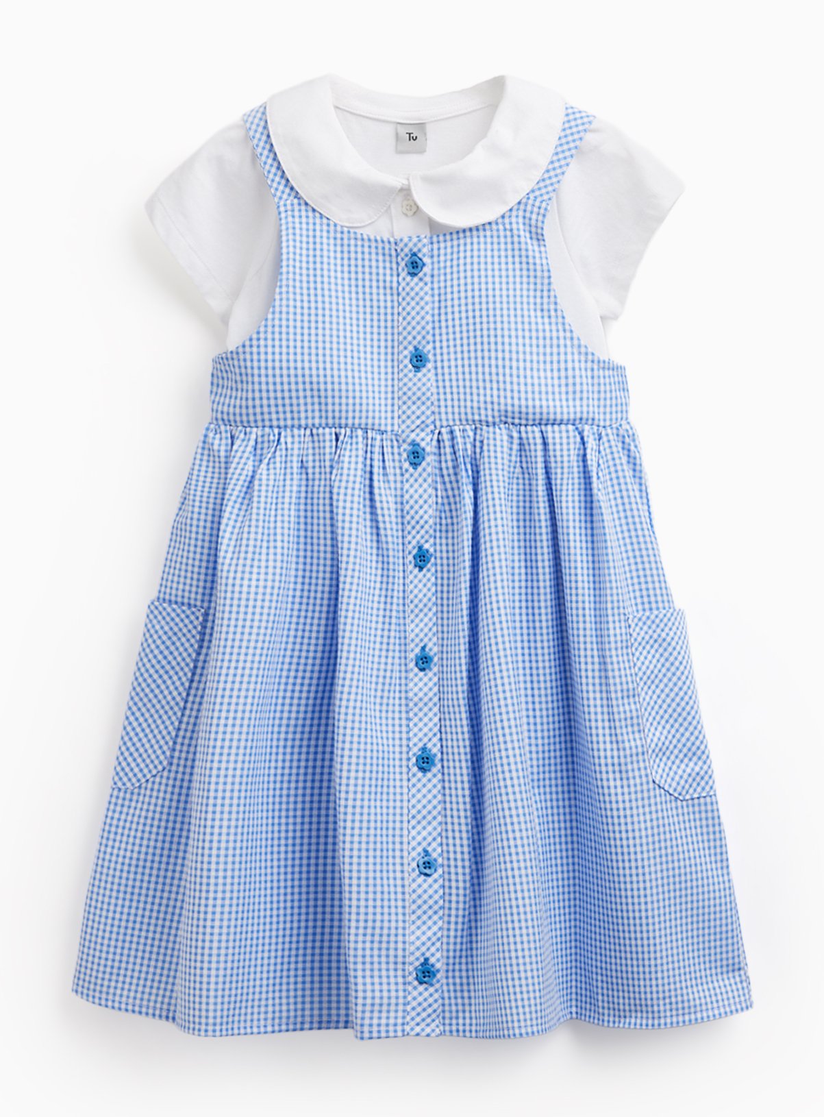 Blue Gingham Mock Pinafore & Polo Dress Set 