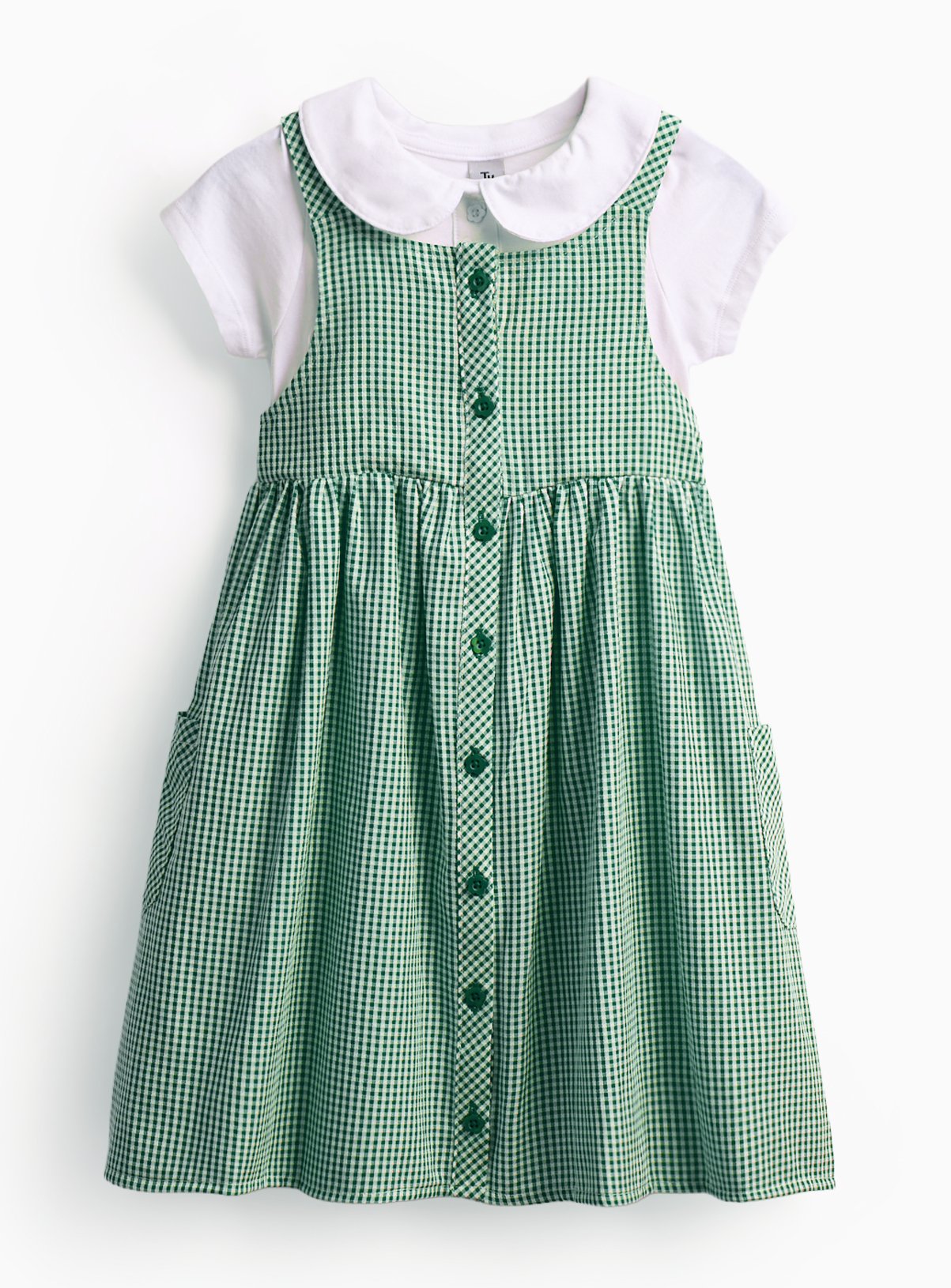Green Gingham Mock Pinafore Dress & Polo Set 