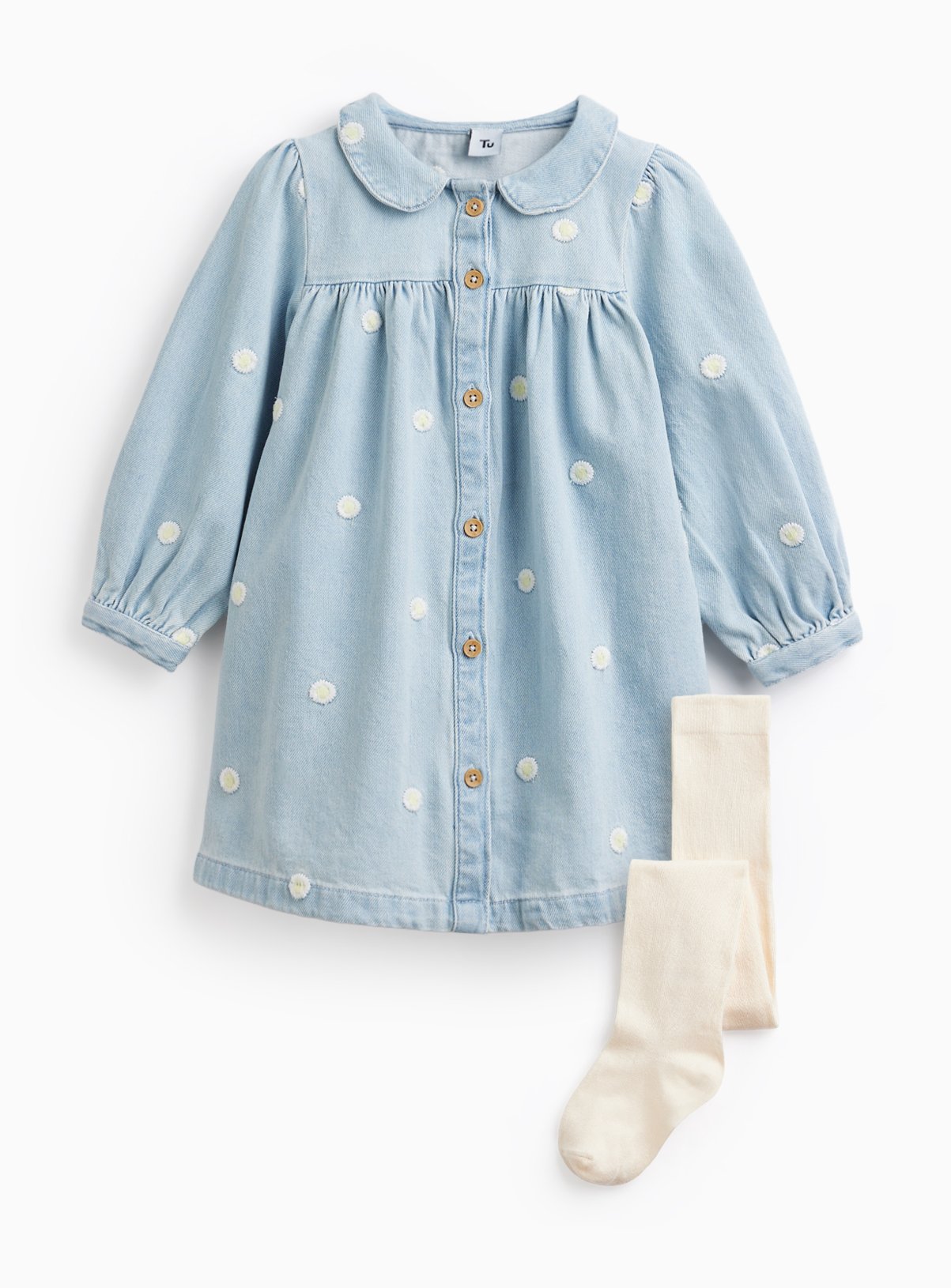 Denim Floral Print Dress & Tights Set