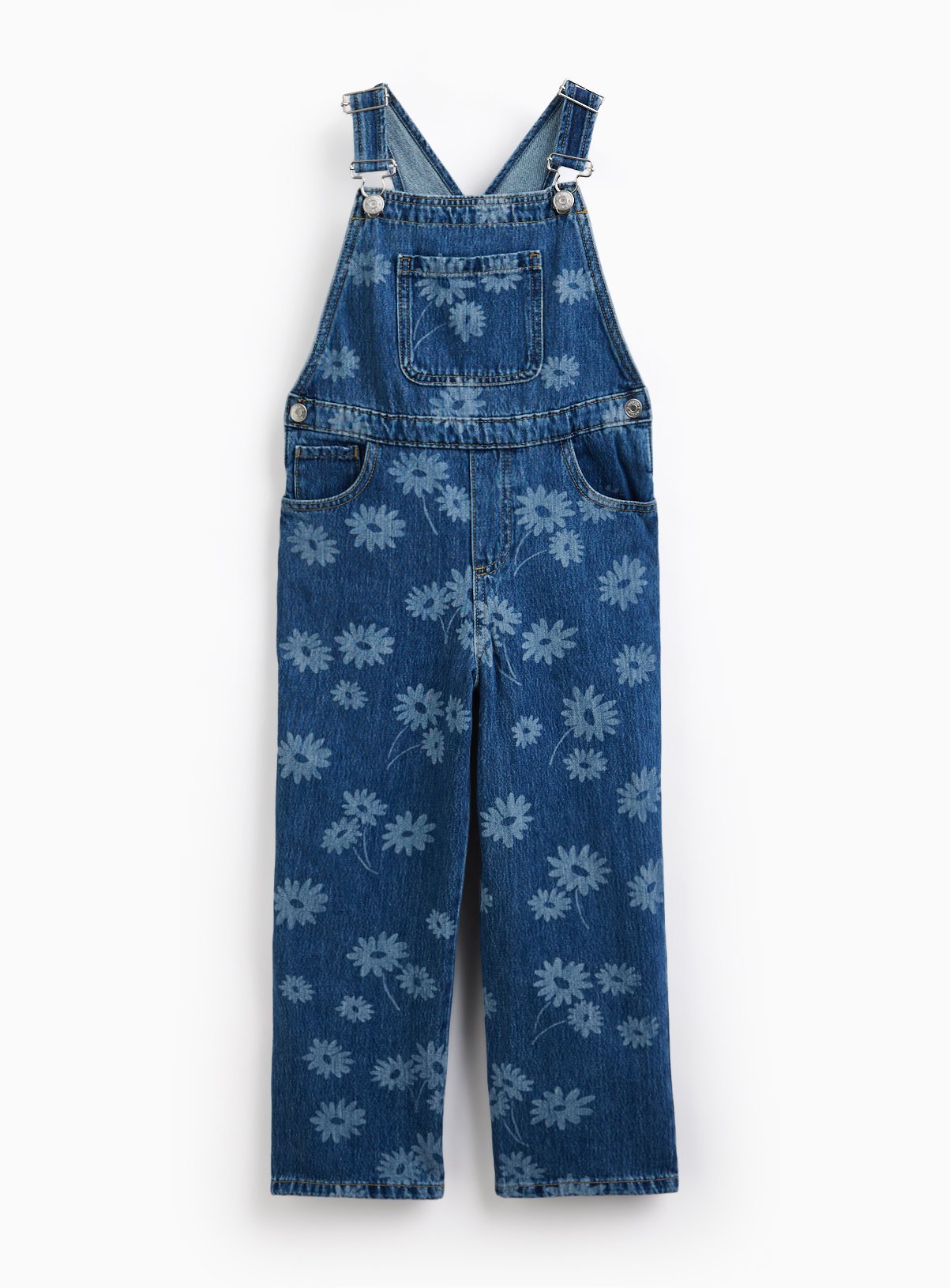 Mid Blue Denim Floral Print Dungarees