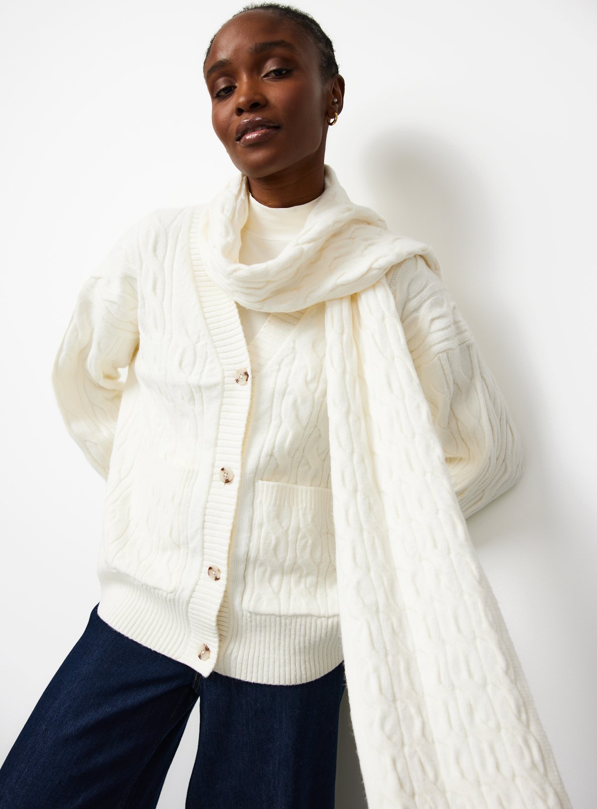 Cream Cable Knit Cardigan & Scarf Set 