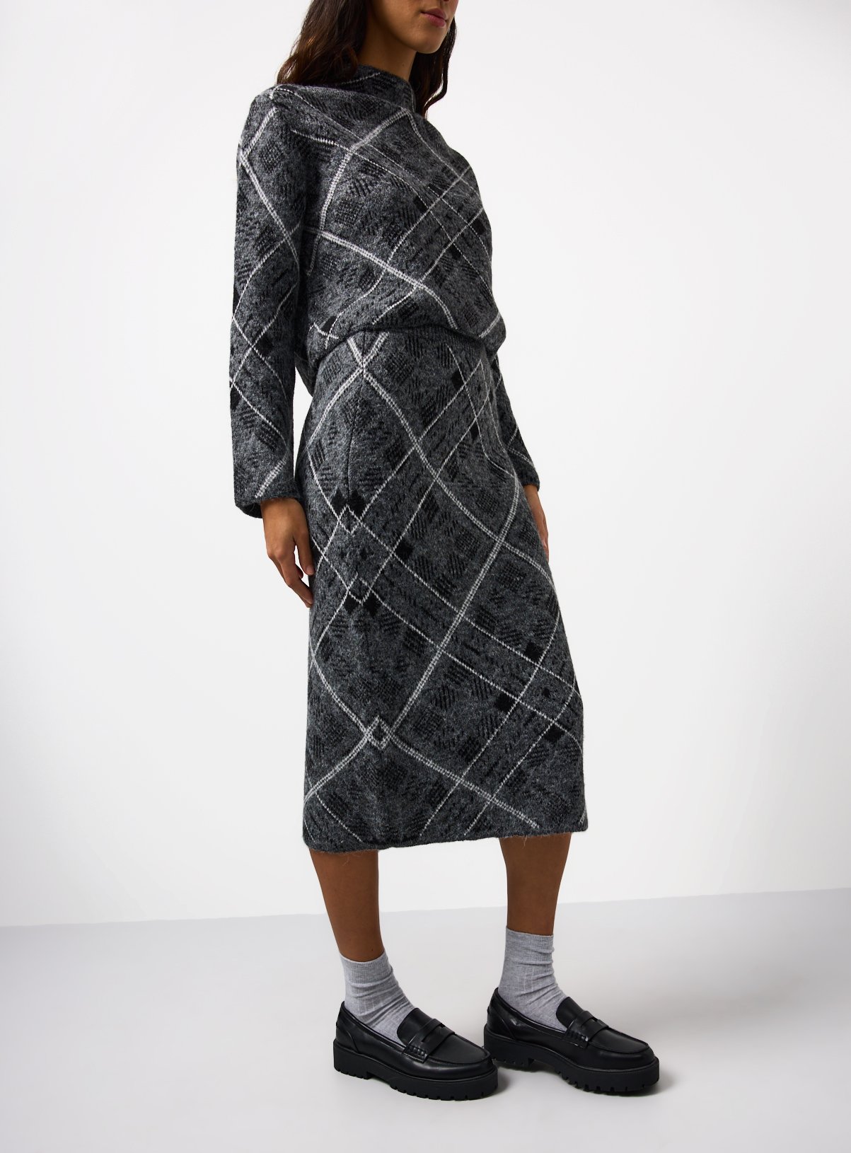 Grey Brushed Check Co-ord Midi Skirt  