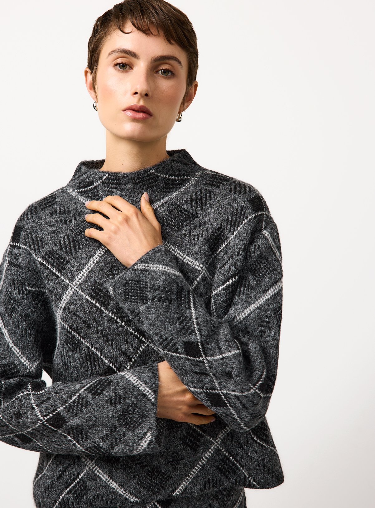 Grey Brushed Check High Neck Co-ord Jumper 