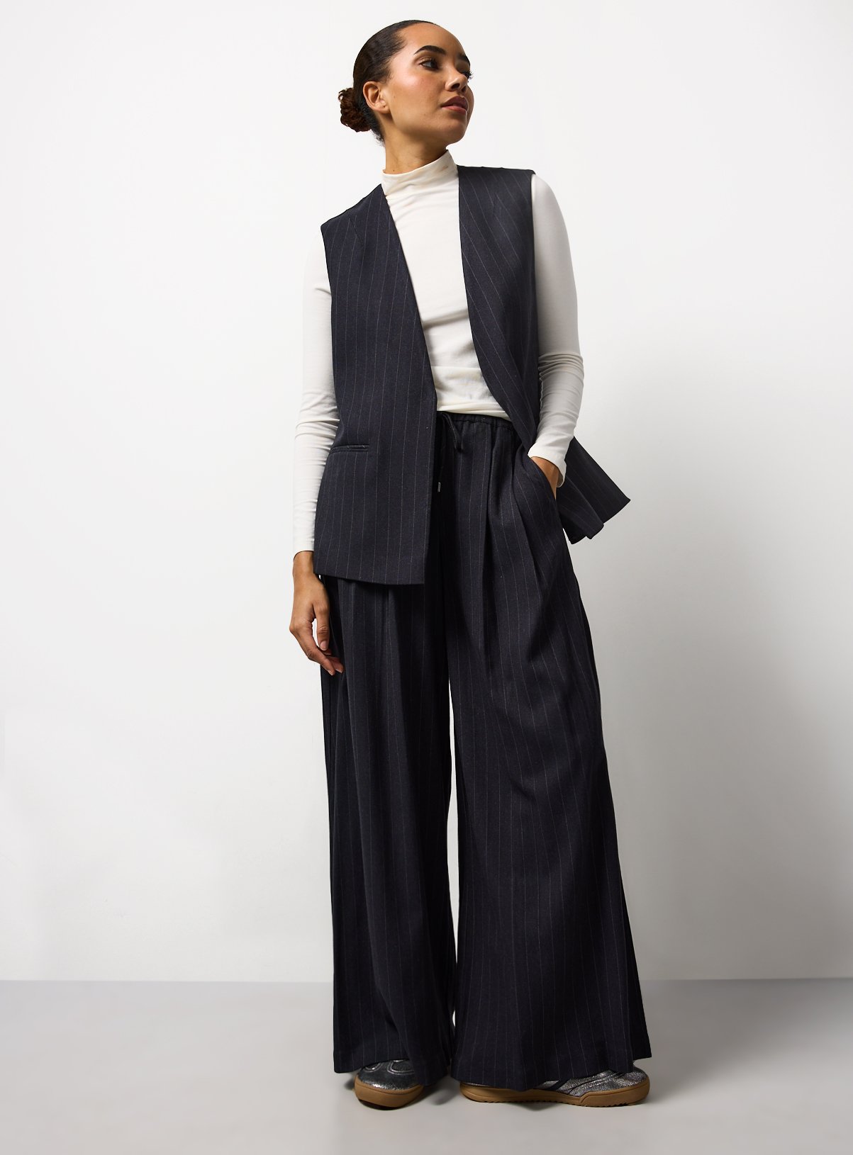 Navy Pinstripe Wide Leg Palazzo Co-ord Trousers 14S