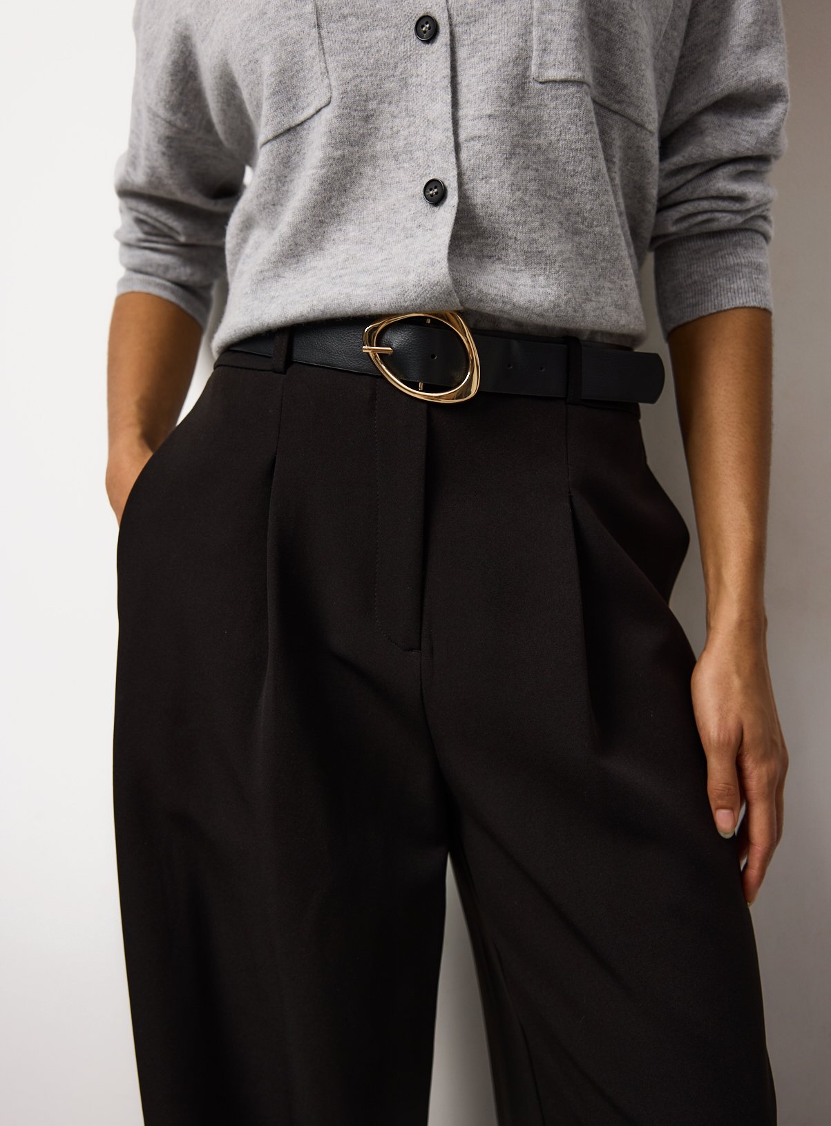 Black Barrel Leg Trousers & Belt Set 