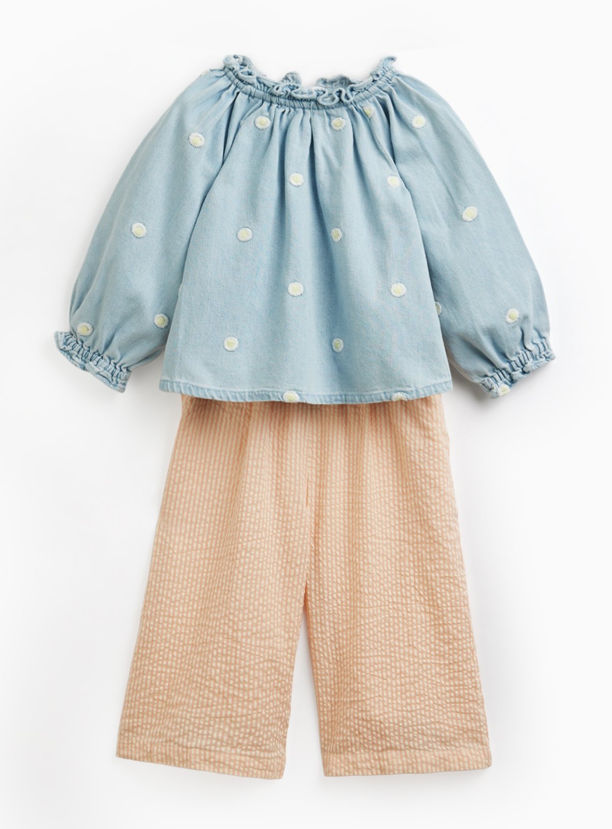 Light Blue Denim Embroidered Blouse & Trouser Set 