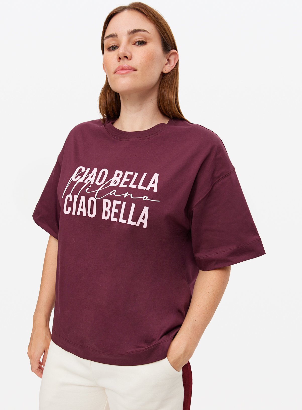 Burgundy Ciao Bella Graphic Oversized T-Shirt 