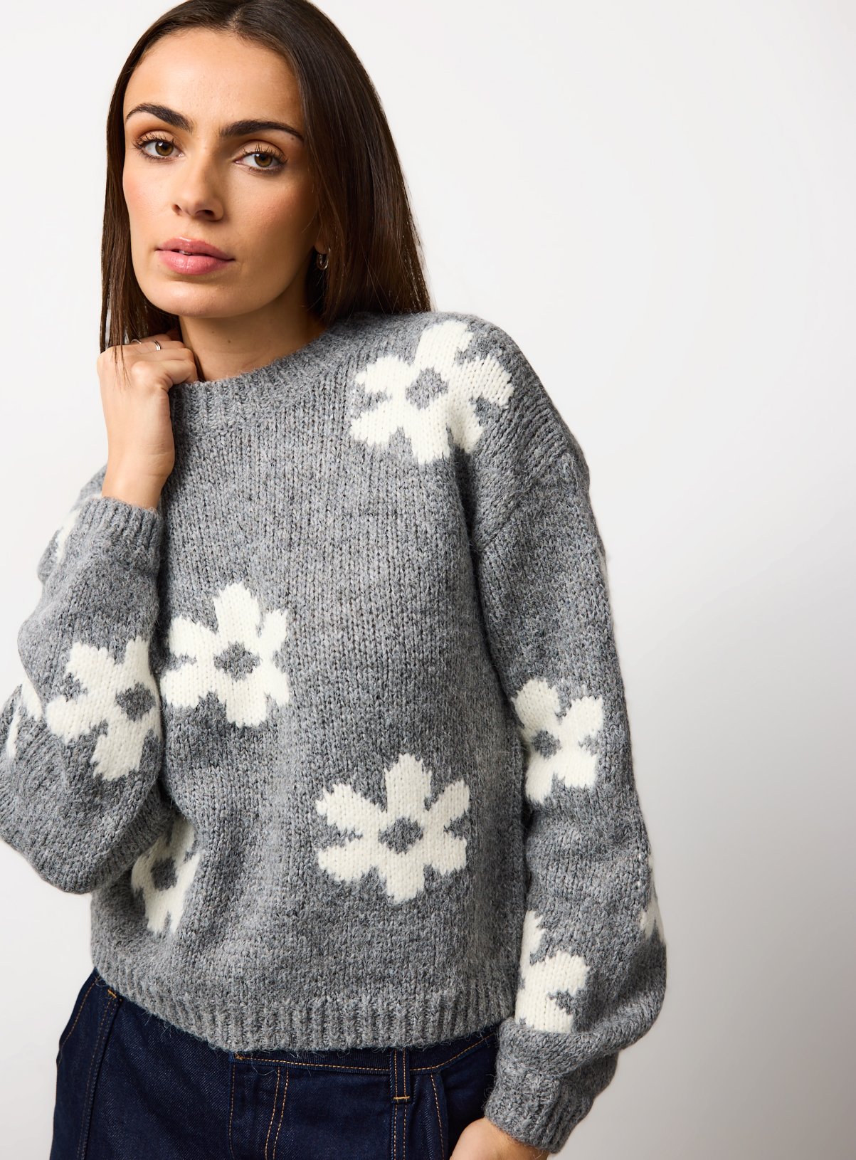 Grey Floral Print Jacquard Jumper XS