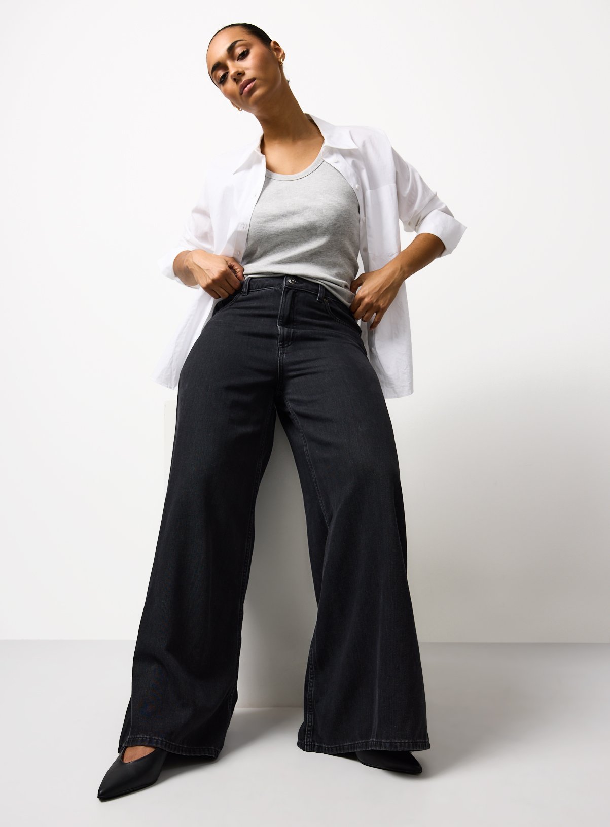 Washed Black Denim Flared Palazzo Jeans 