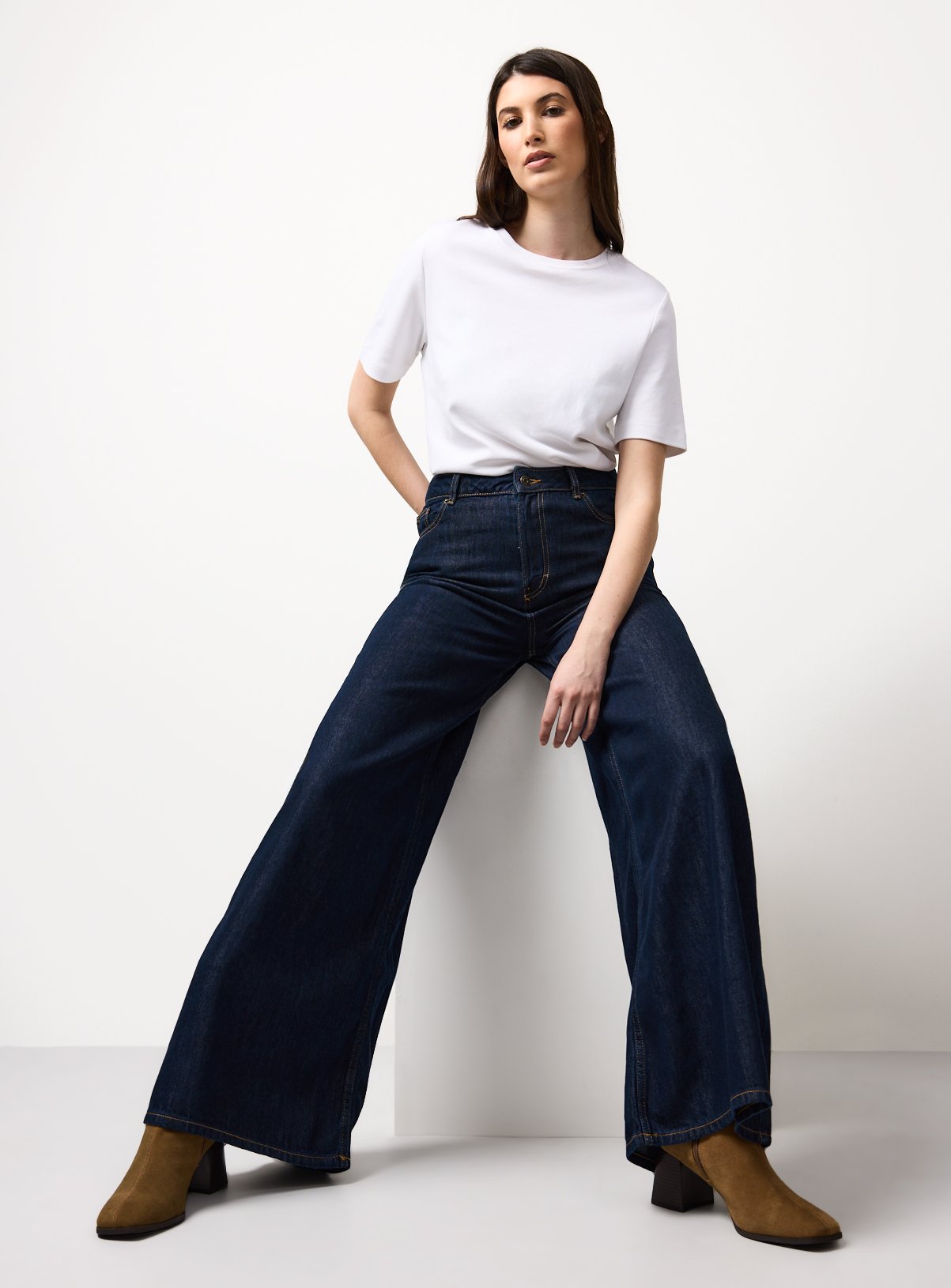 Dark Denim Lyocell Blend Palazzo Jeans 