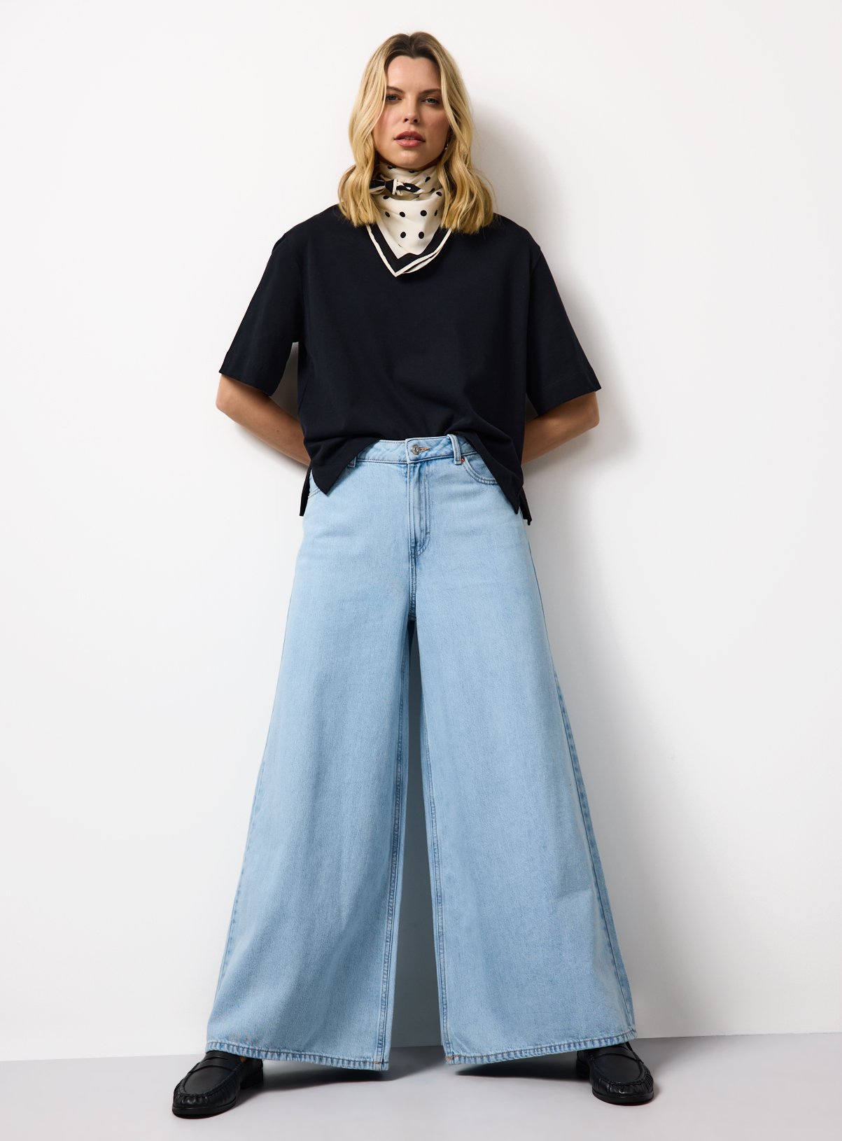 Light Denim Lyocell Blend Flared Palazzo Jeans 