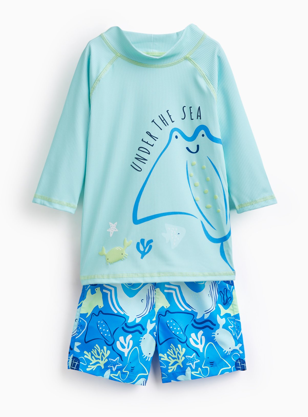 Blue Stingray Print Rash Vest & Shorts Swim Set 