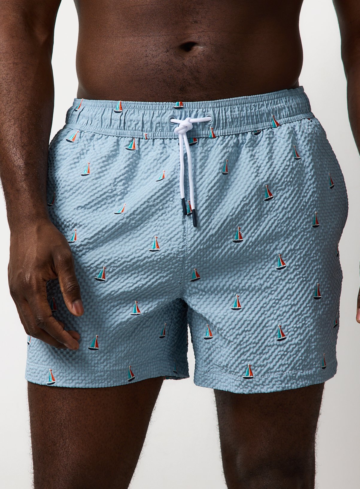 Mini Me Blue Textured Boat Print Swim Shorts 