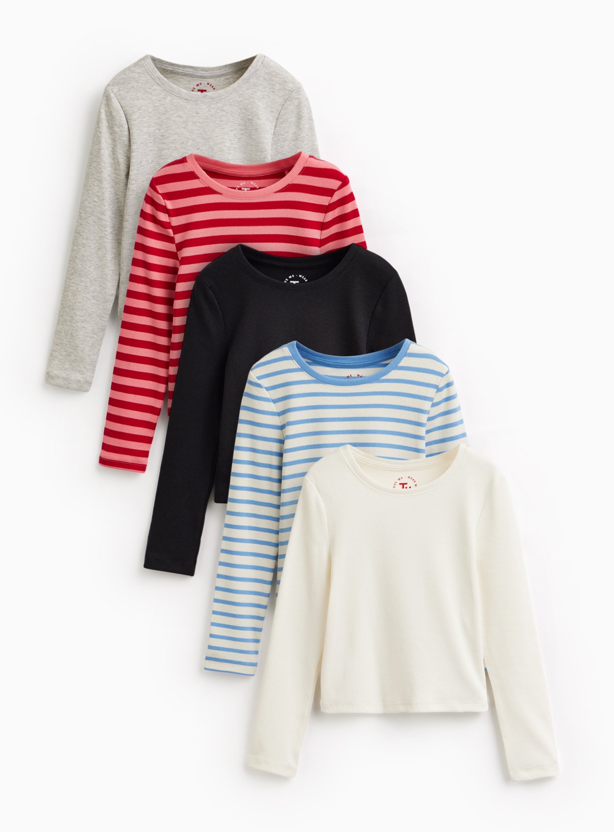 Glossy Stripe Long Sleeve Slim Fit Tops 5 Pack 9 years