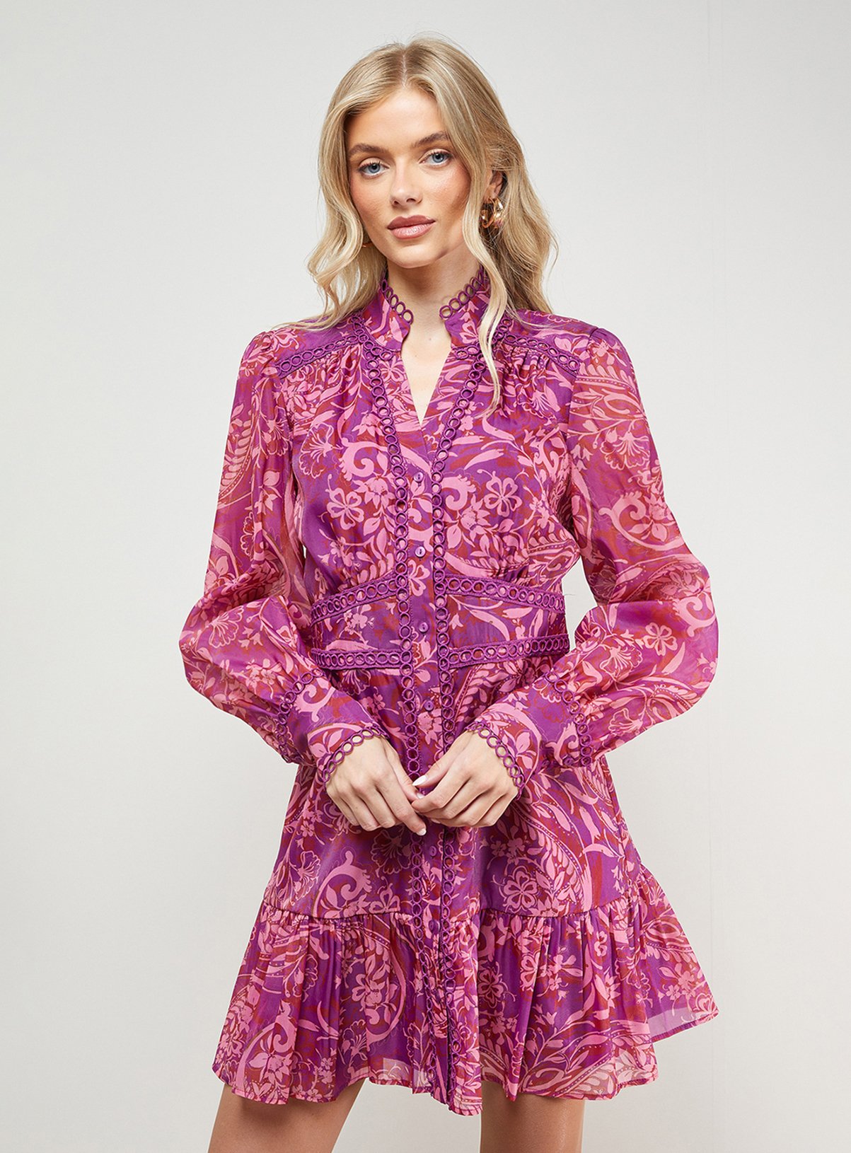 OASIS Printed Lace Trim Boho Shirt Mini Dress 