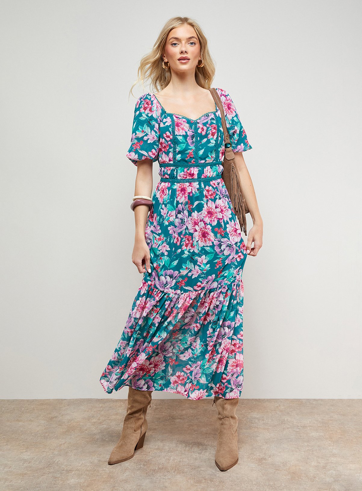 OASIS Lace Trim Puff Sleeve Midaxi Dress 