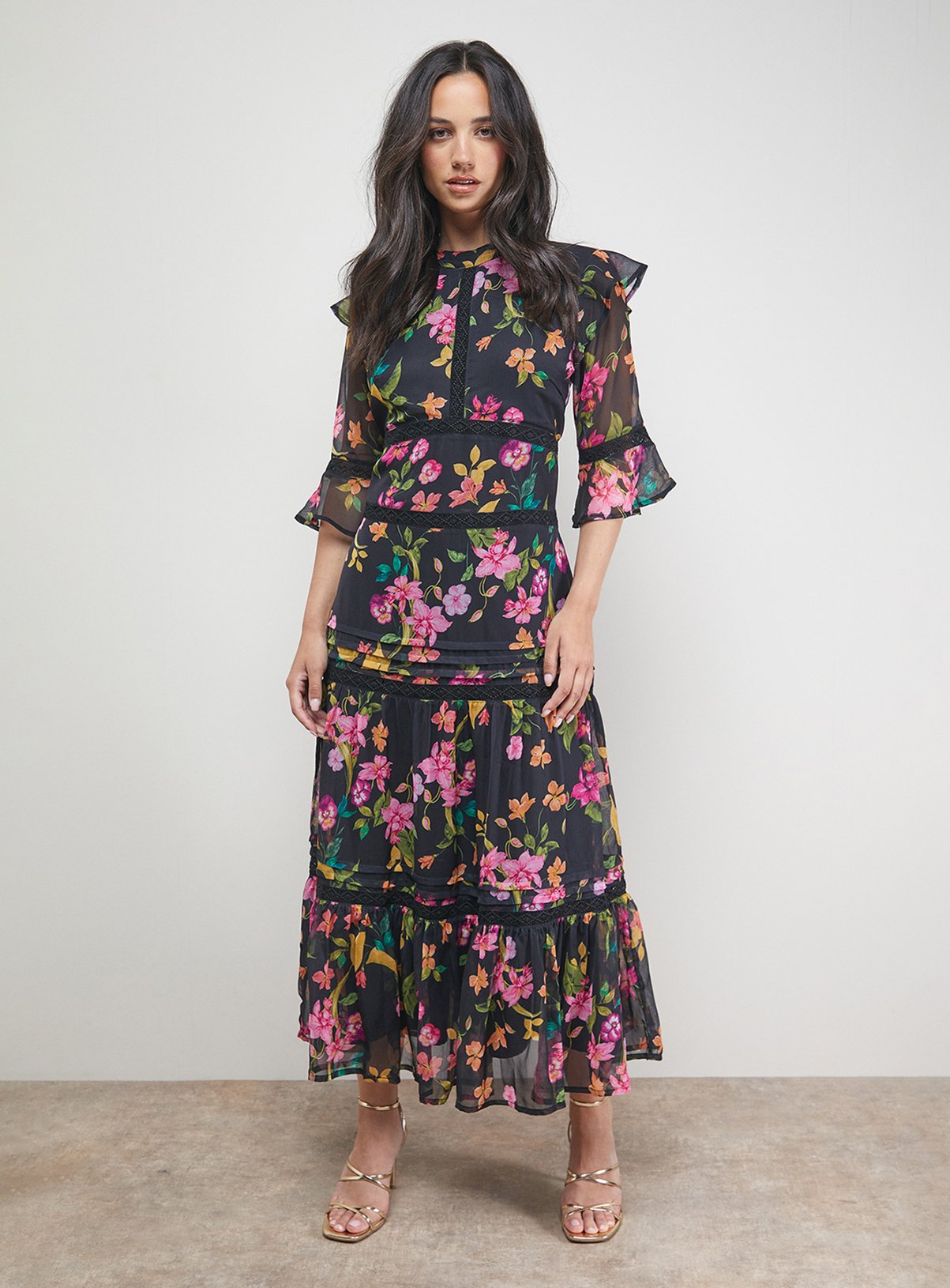 OASIS Chiffon Lace Insert Midi Dress